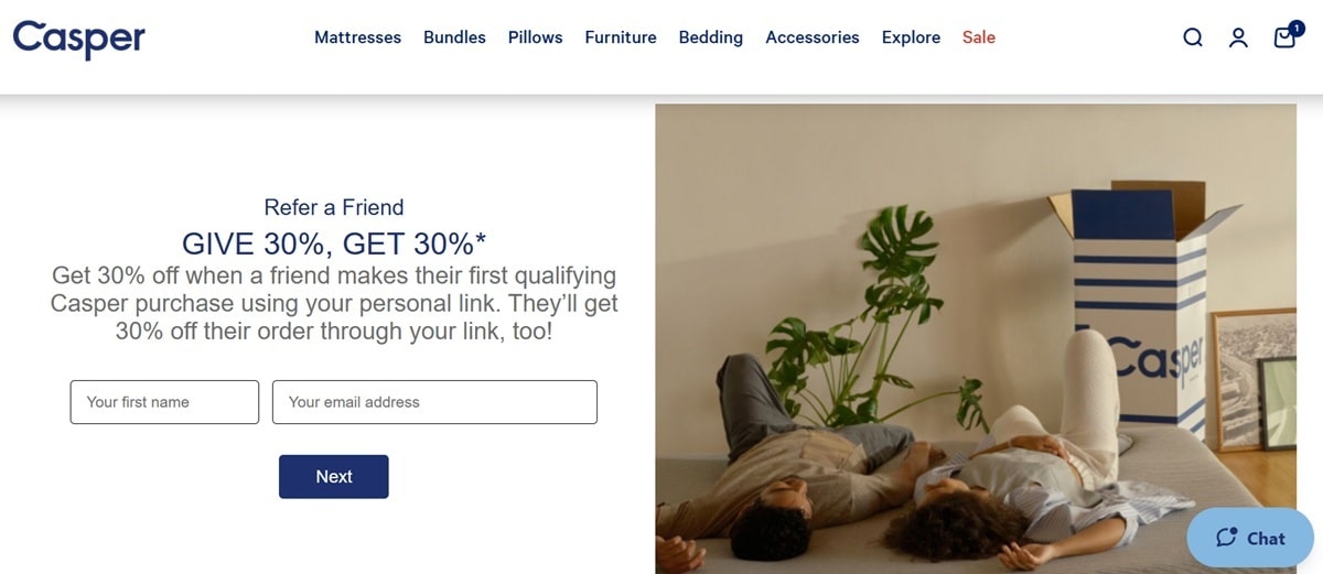 Casper mattress referral program offering $75 Amazon gift card for referrer and 25% discount for friend to drive customer acquisition